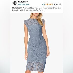 Grey Blue Sleeveless Lace Cocktail Dress Crew Neck Knee Length